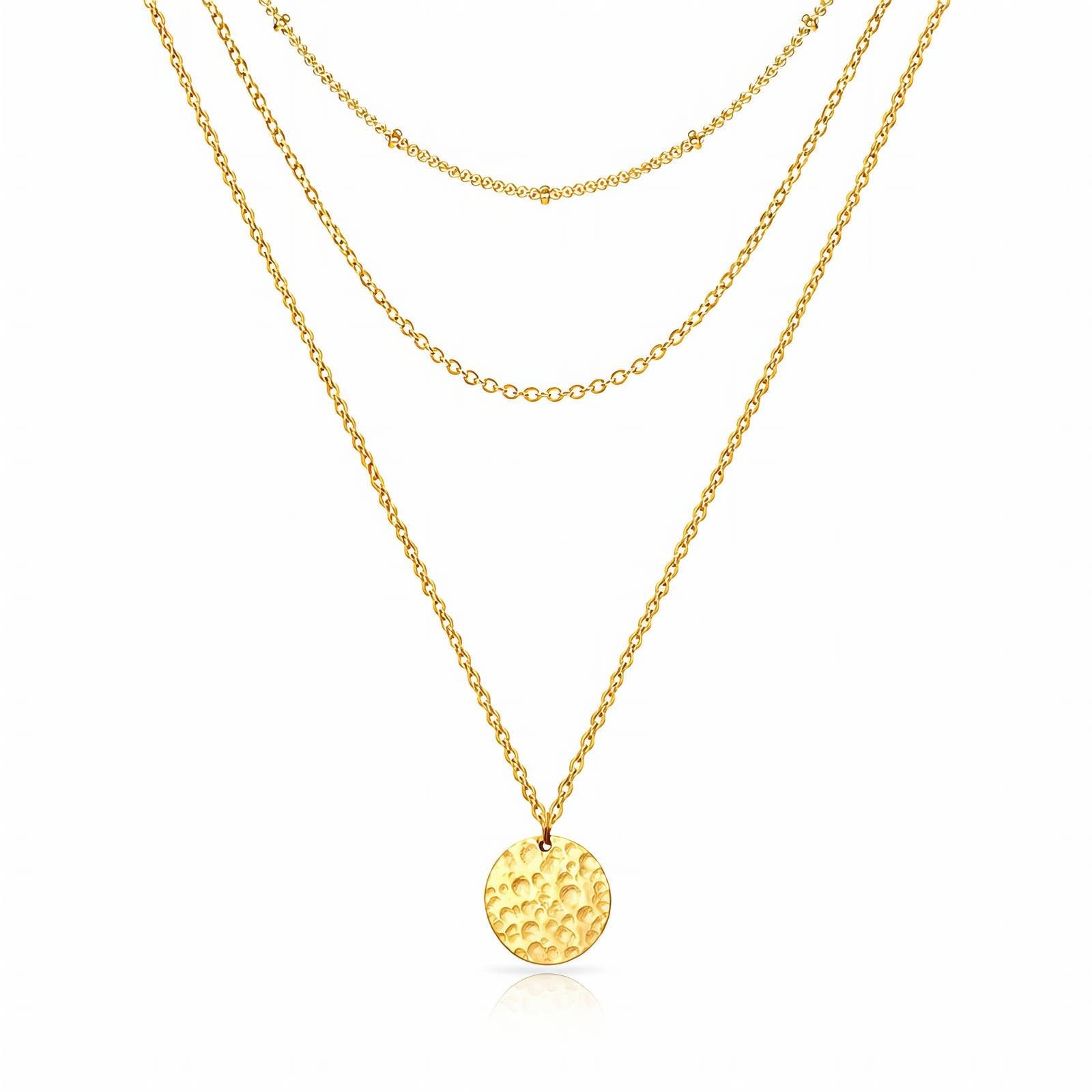 Multi - Layer Necklace with Hammered Gold Disc - 18K Gold Plated Steel - Love and Lee Apparel