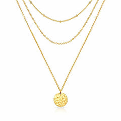 Multi - Layer Necklace with Hammered Gold Disc - 18K Gold Plated Steel - Love and Lee Apparel