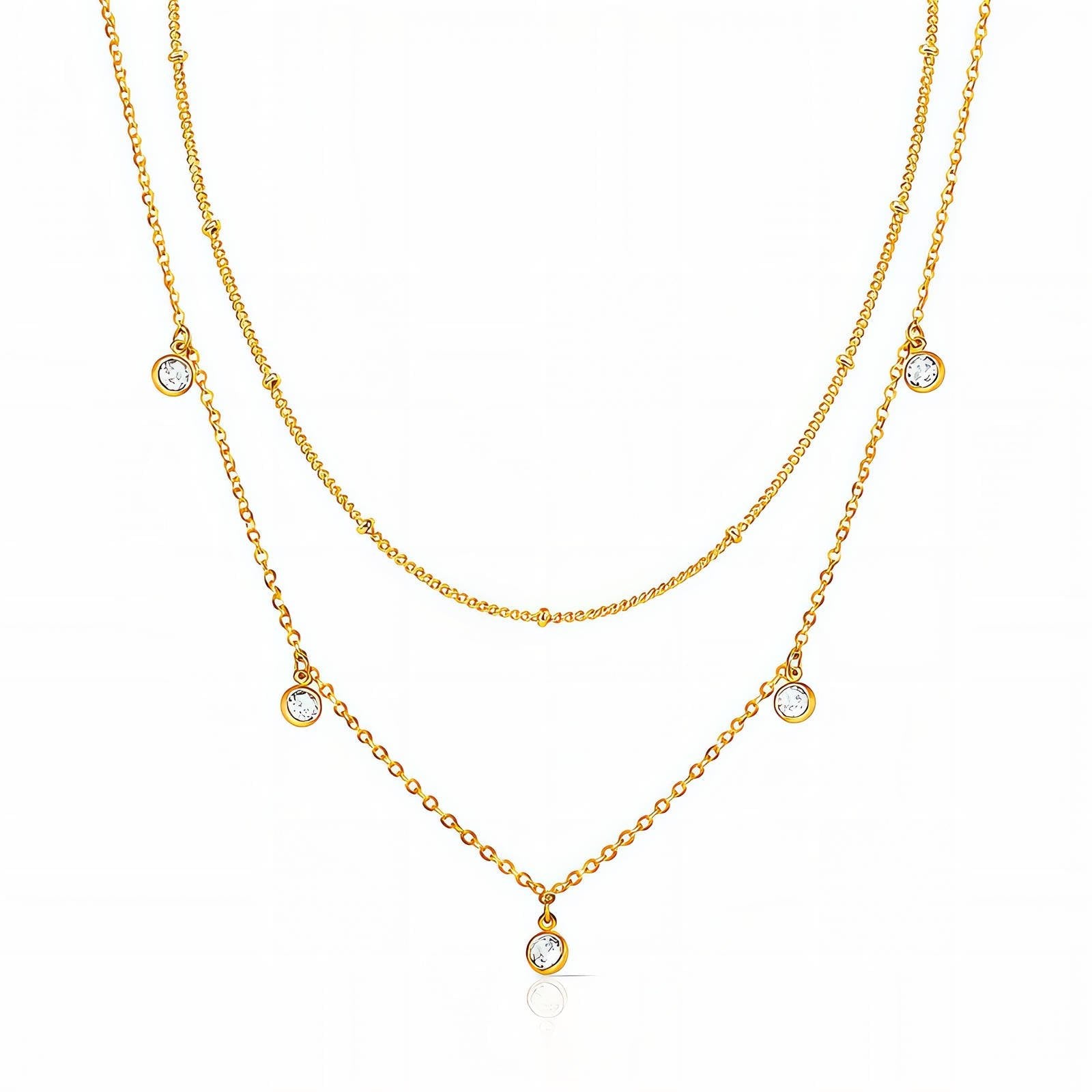 Multi Layer Necklace with Beaded Chain and Drop Rhinestone Charms in 18K Gold Plated Steel - Love and Lee Apparel
