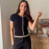 The 'Hostess with the Most' Contrast Lettuce Trim Short Sleeve Knit Cardigan - Love and Lee Apparel