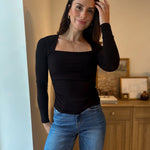 The Morning Mist Square Neck Long Sleeve Ruched Side Knit Top - Love and Lee Apparel