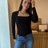 The Morning Mist Square Neck Long Sleeve Ruched Side Knit Top - Love and Lee Apparel