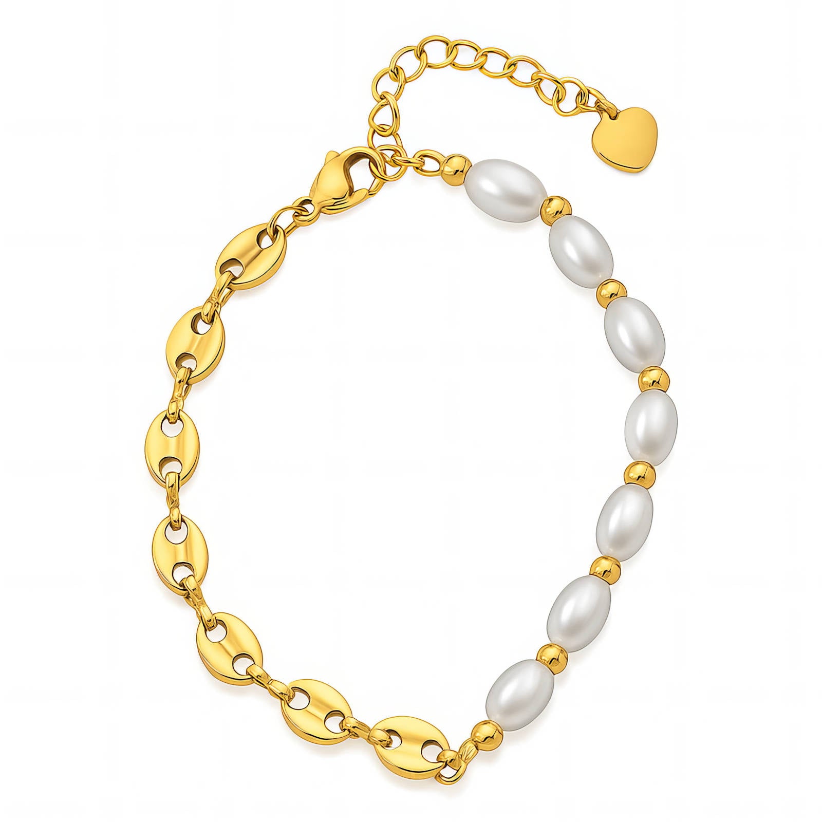 Mixed Chain Double Link and Pearl Bracelet 18K Gold Plated Steel - Love and Lee Apparel