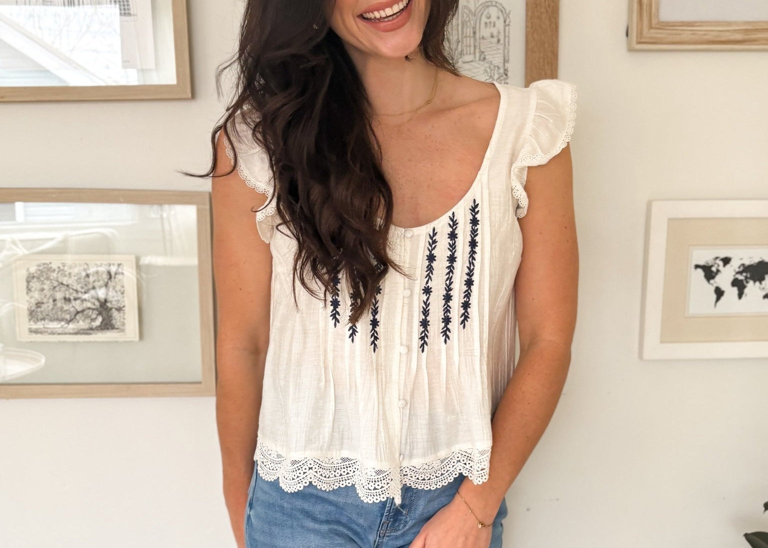 Evie Embroidery Lace Trim Pintuck Button Down Top - Love and Lee Apparel