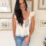 Evie Embroidery Lace Trim Pintuck Button Down Top - Love and Lee Apparel