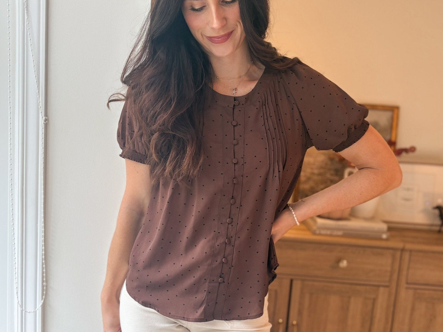 The Mayfair Pintuck Polka Dot Button Down Puff Sleeve Top - Love and Lee Apparel
