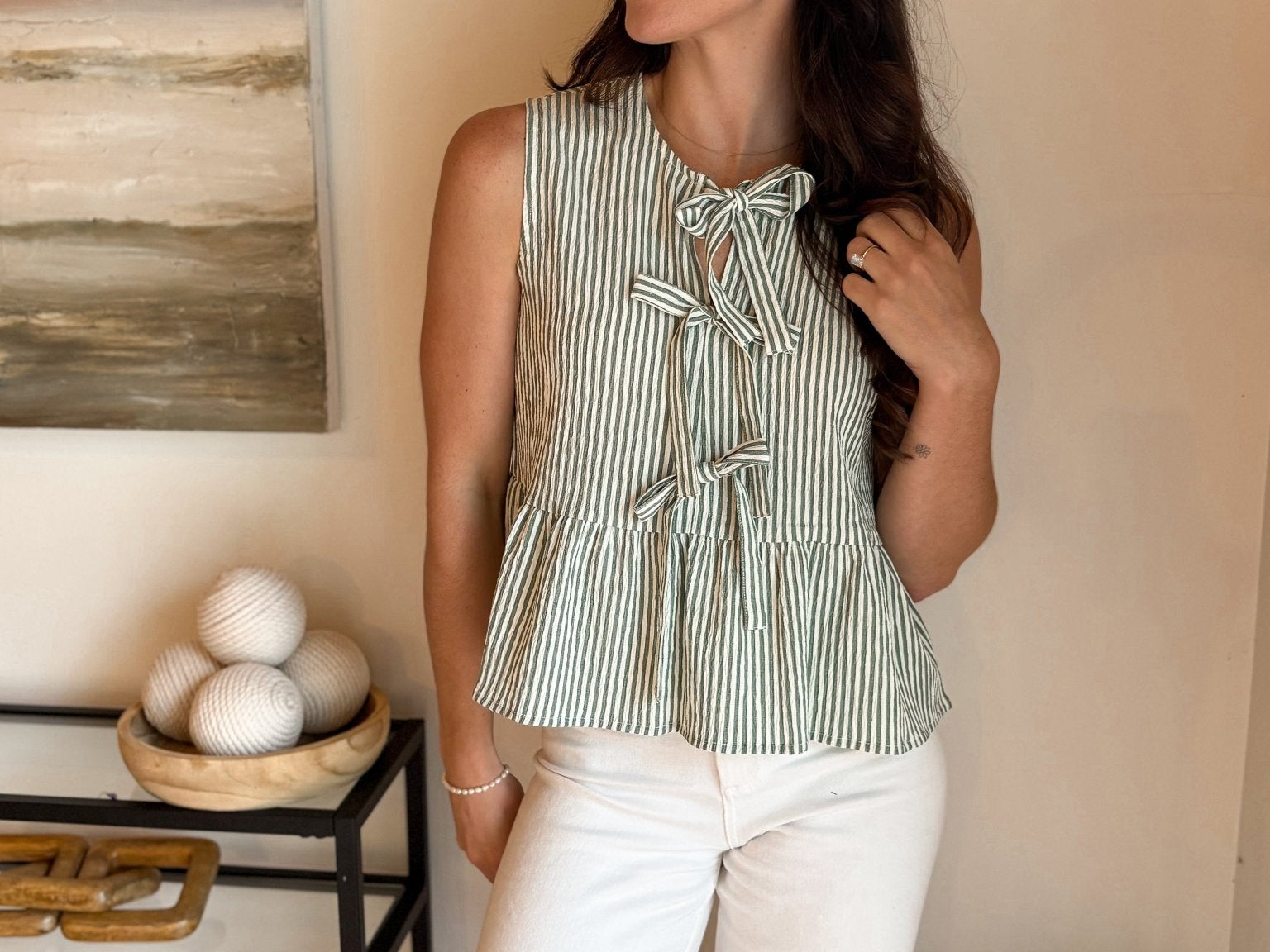 Cruising Stripe Front Tie Sleeveless Ruffle Hem Top - Love and Lee Apparel