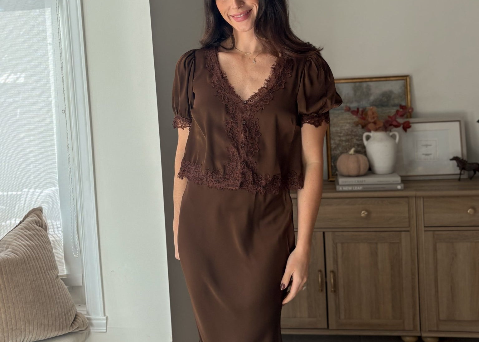 The 'Harvest Gathering' Satin Lace Hem Slip-On Pencil Skirt - Love and Lee Apparel