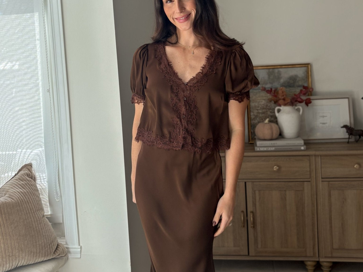 The 'Harvest Gathering' Satin Lace Hem Slip-On Pencil Skirt - Love and Lee Apparel
