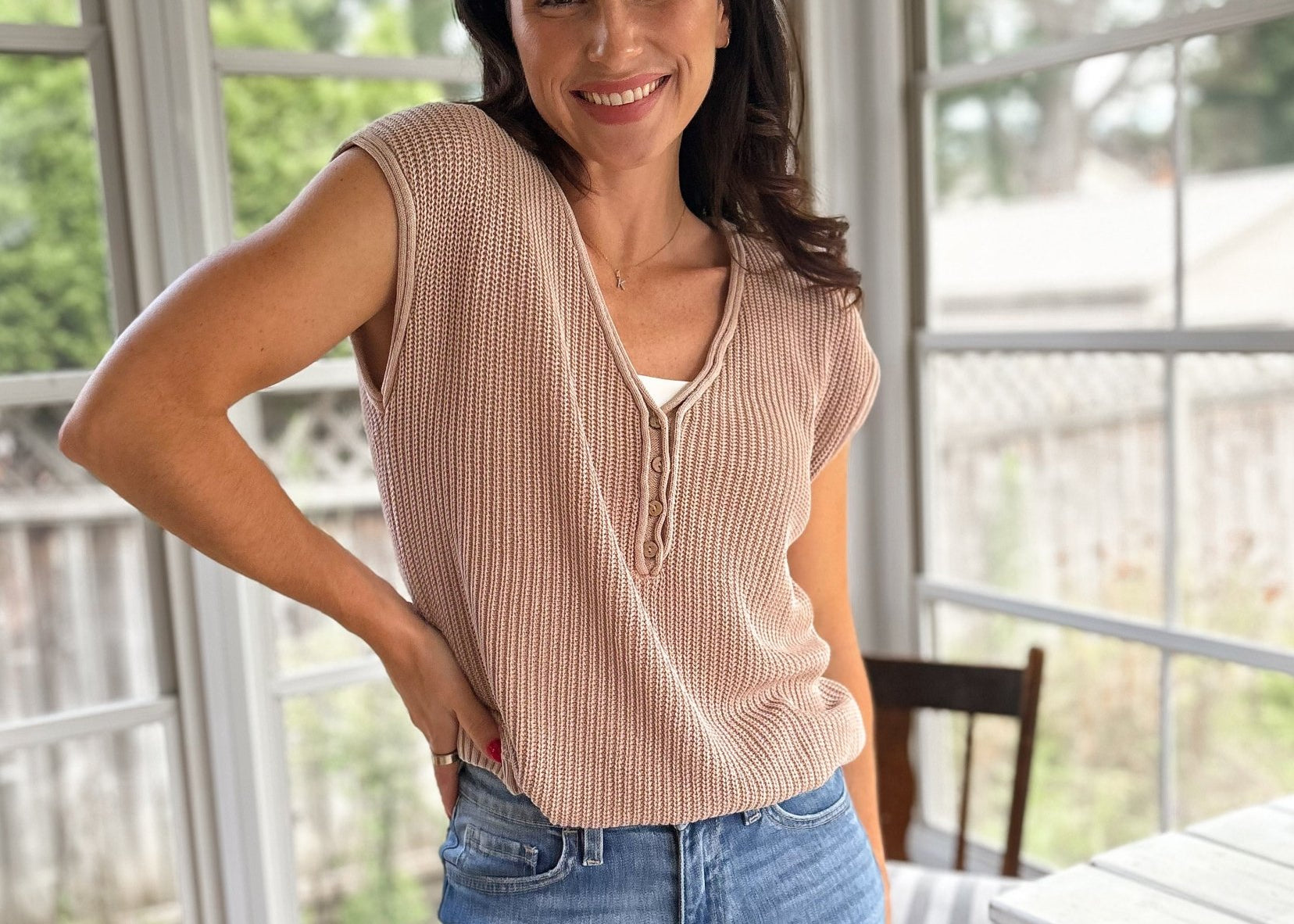 The Fallon Raw Edge Short Sleeve Henley Sweater Knit Top - Love and Lee Apparel