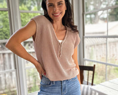 The Fallon Raw Edge Short Sleeve Henley Sweater Knit Top - Love and Lee Apparel