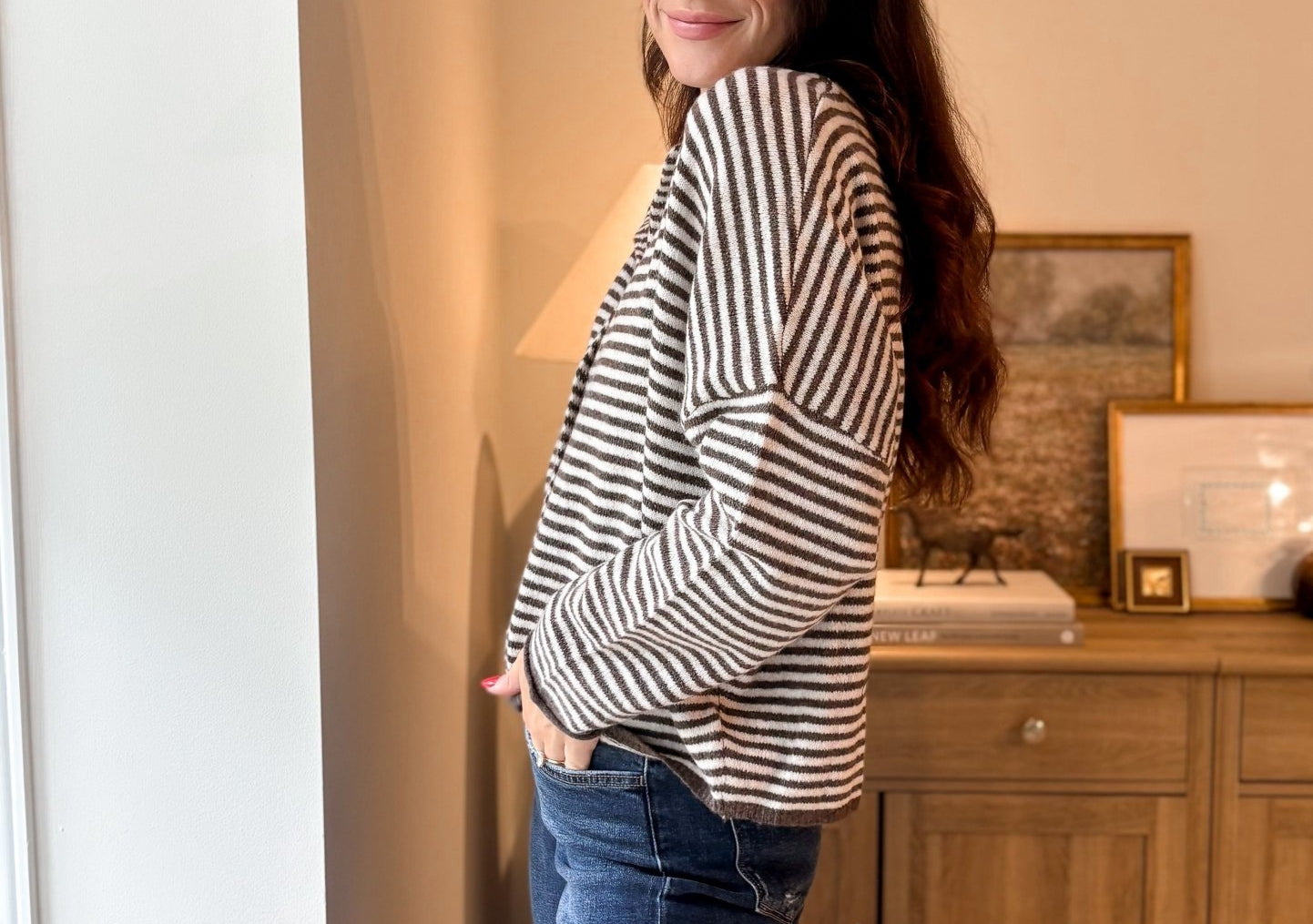 The Autumn Air Stripe Raw Edge Drop Shoulder Knit Cardigan - Love and Lee Apparel