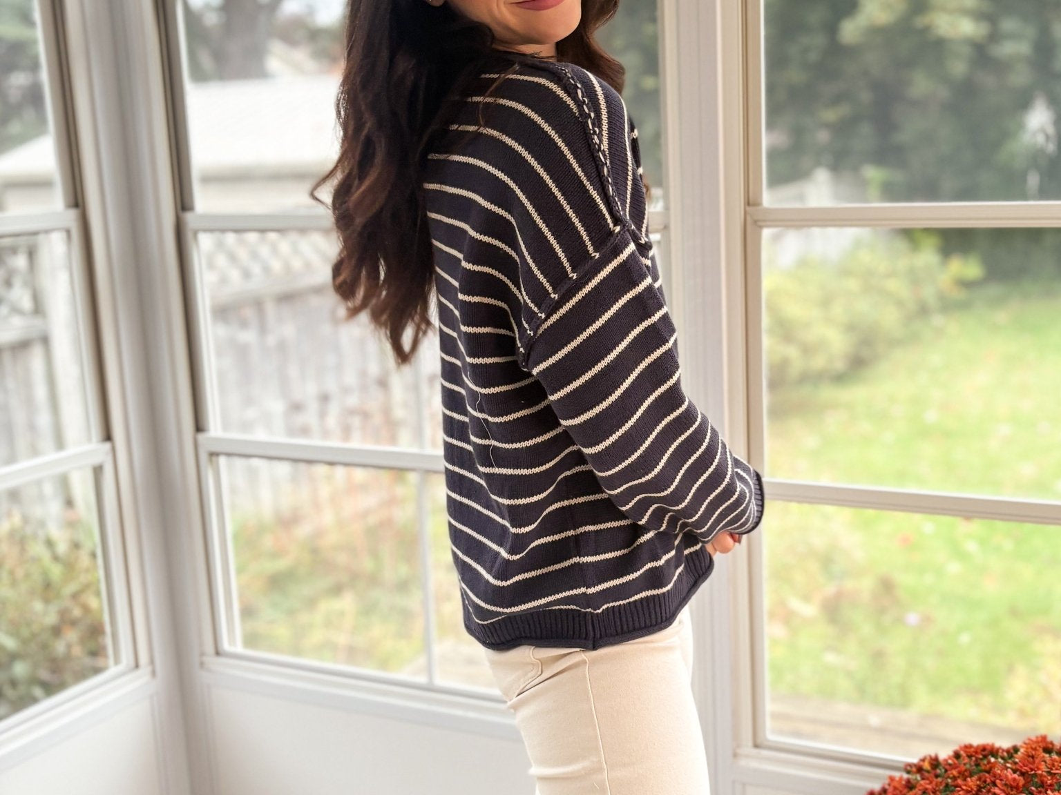 The Highlands Striped Drop Shoulder Crew Neck Sweater in Navy - Love and Lee Apparel