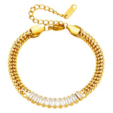 Tennis Bracelet with Braided Chain - links and Emerald Cut Rhinestones - 18K Gold Plated - Love and Lee Apparel