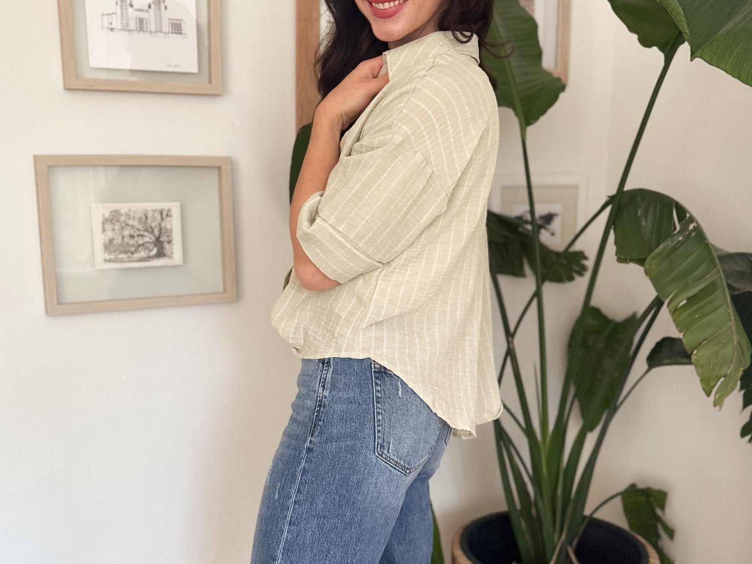 Micheline Pinstripe Collared Button Down 3/4 Sleeve Top - Love and Lee Apparel