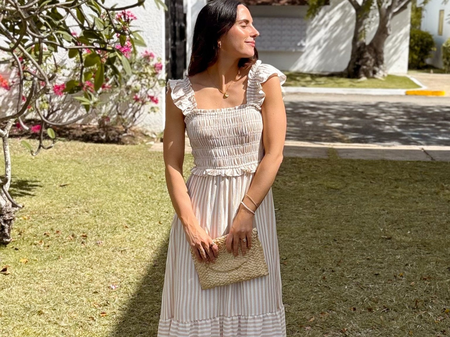 The Macy Stripe Smocked Ruffle Trim Midi Dress - Love and Lee Apparel