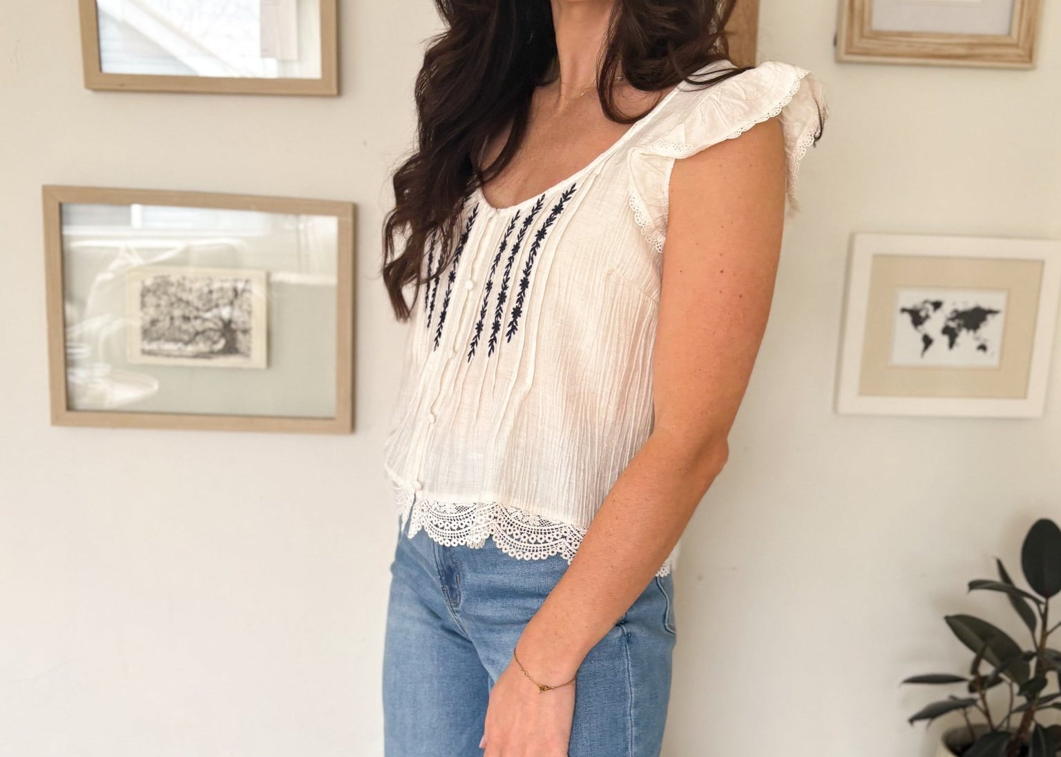 Evie Embroidery Lace Trim Pintuck Button Down Top - Love and Lee Apparel