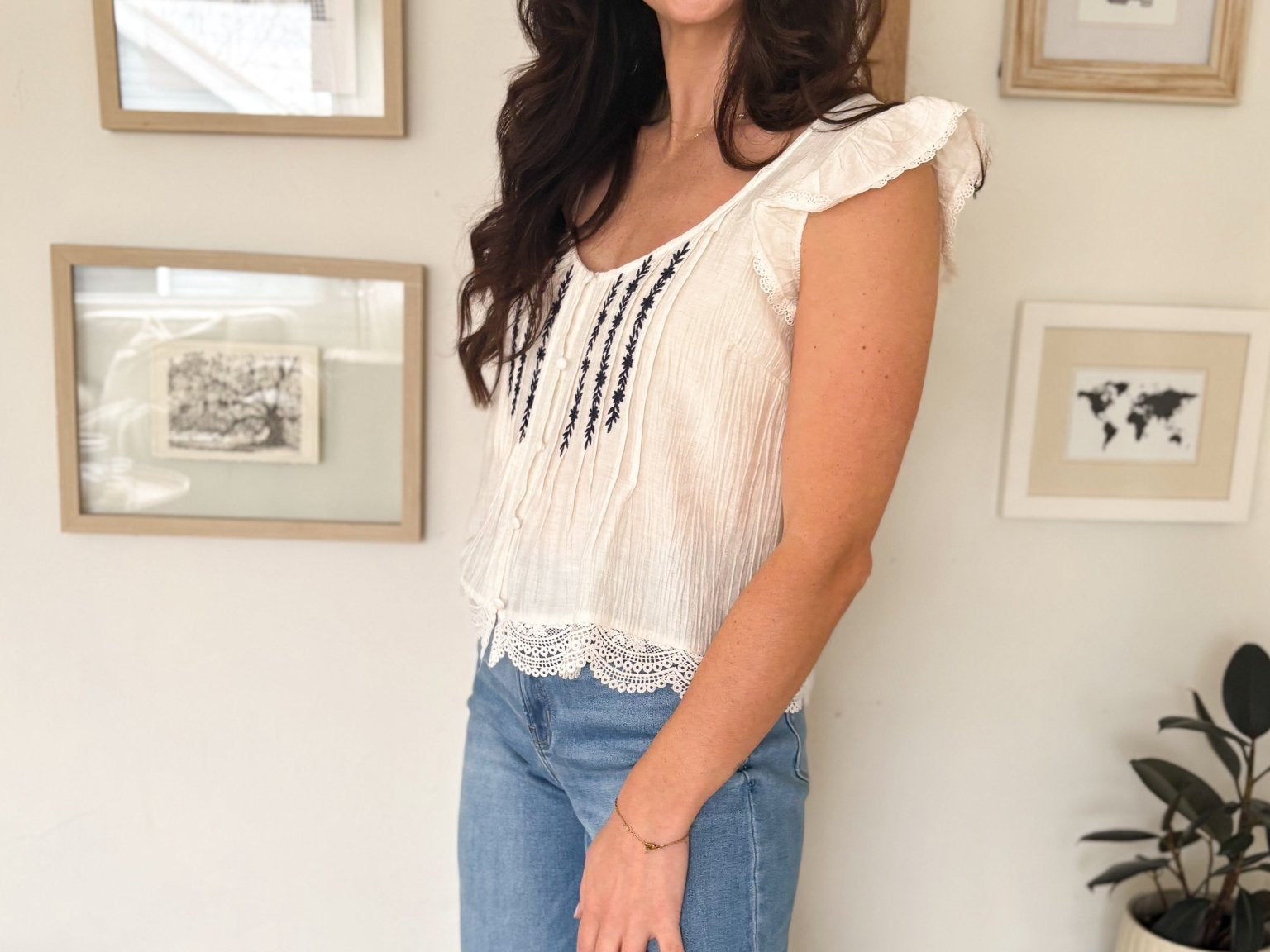 Evie Embroidery Lace Trim Pintuck Button Down Top - Love and Lee Apparel