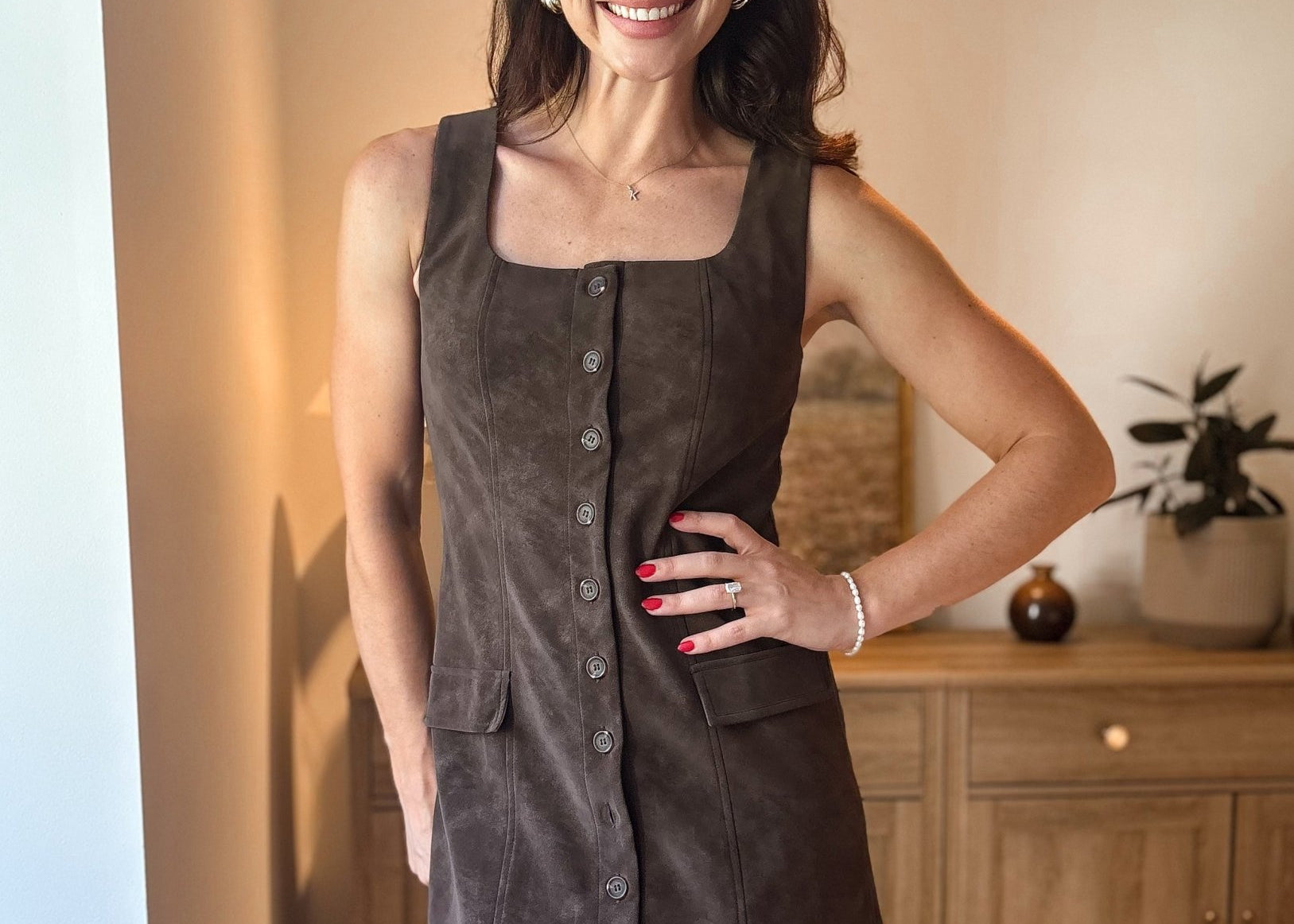 The Dixie Square Neck Button Down Suede Mini Dress in Brown - Love and Lee Apparel