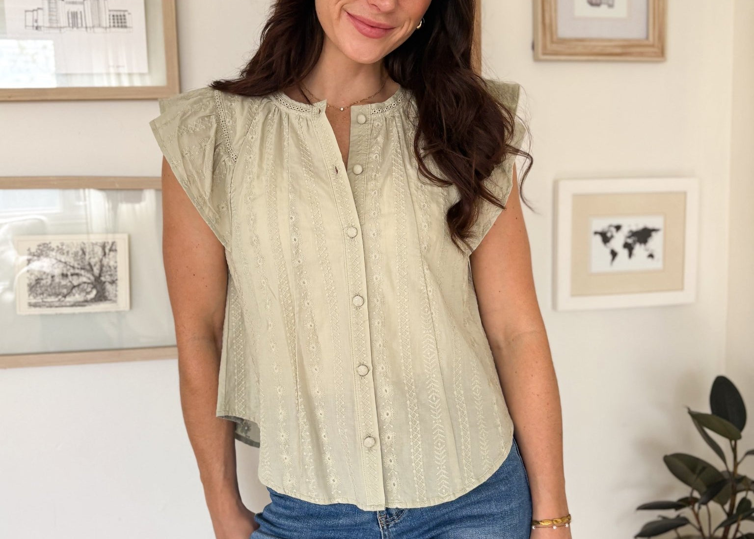 The Pheobe Flutter Sleeve Button Down Embroidered Top - Love and Lee Apparel