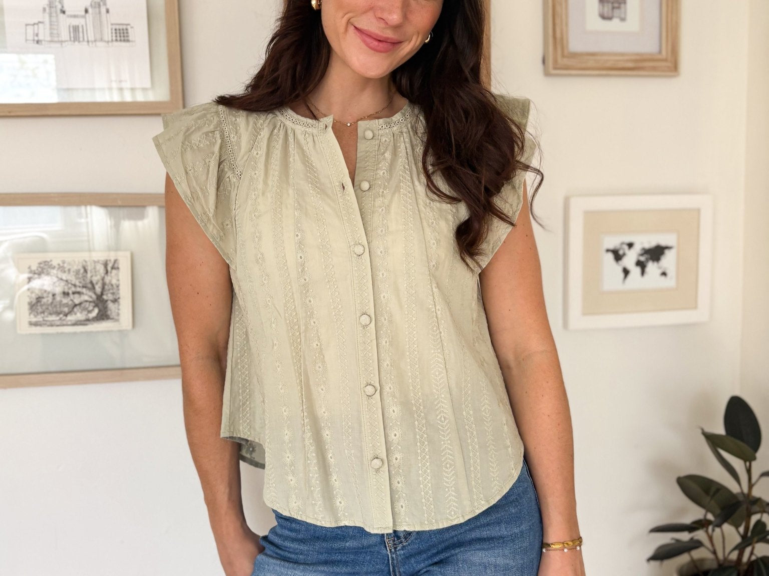 The Pheobe Flutter Sleeve Button Down Embroidered Top - Love and Lee Apparel