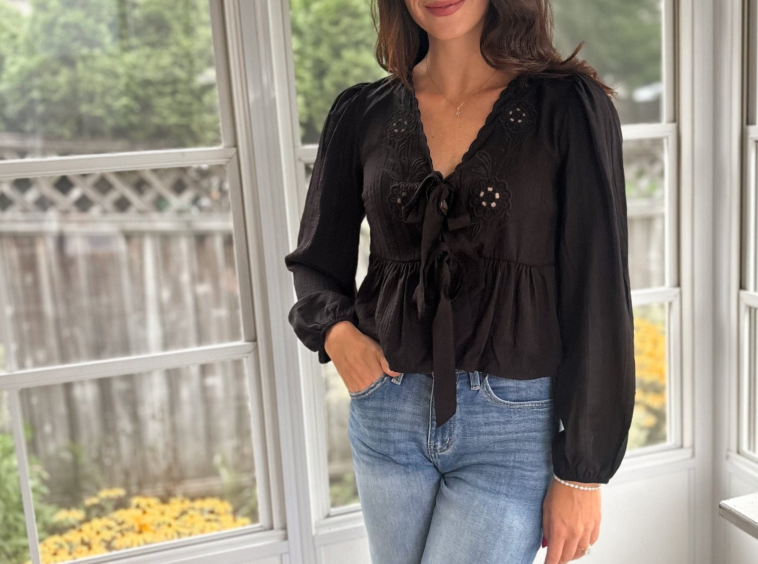 The Stevie Floral Eyelet Embroidery Front Tie Long Sleeve Top - Love and Lee Apparel