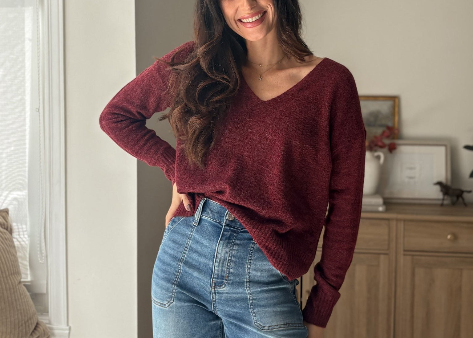 The 'Elanora' Long Sleeve V-Neck Pullover Knit in Cabernet - Love and Lee Apparel