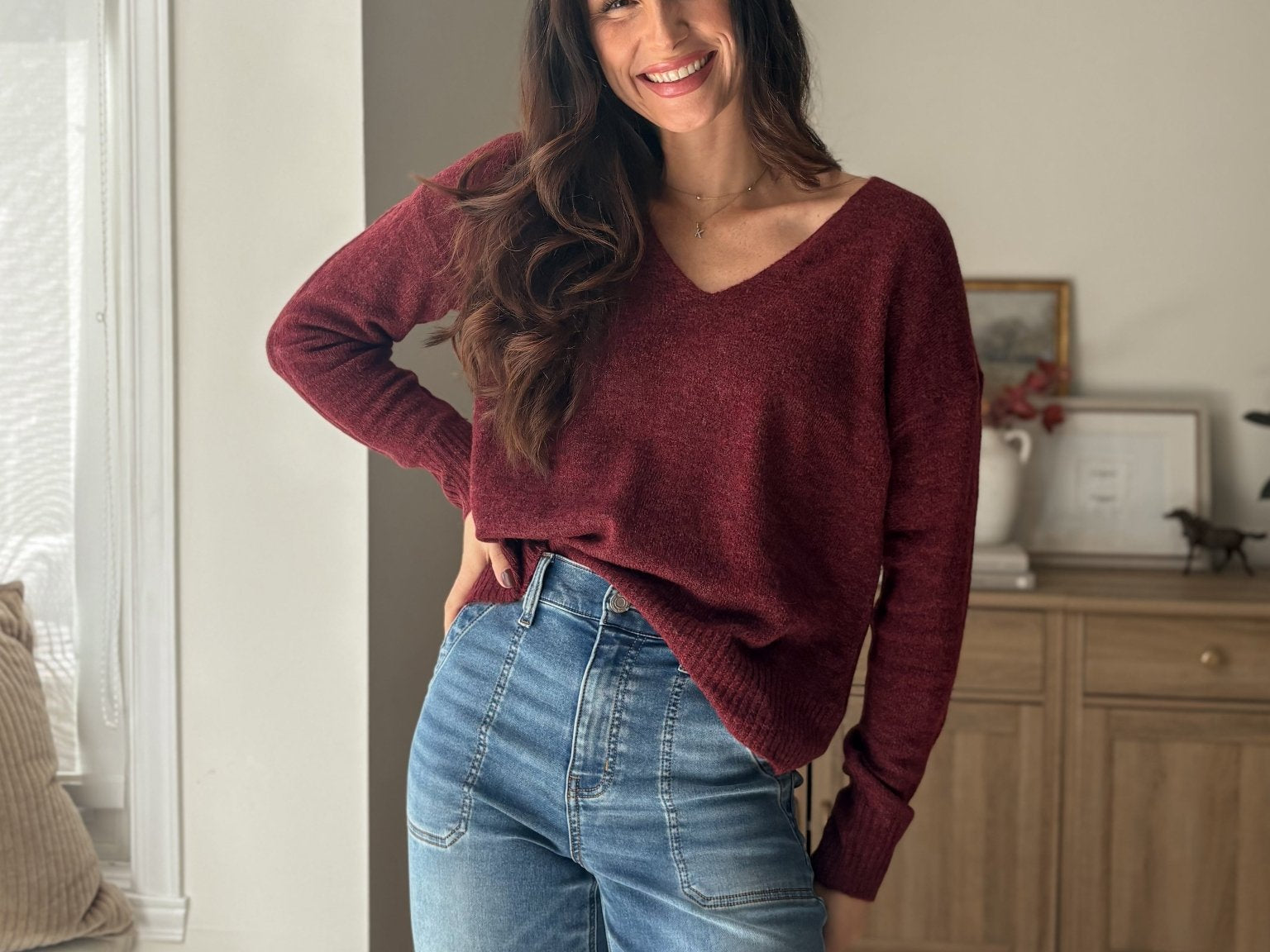 The 'Elanora' Long Sleeve V-Neck Pullover Knit in Cabernet - Love and Lee Apparel