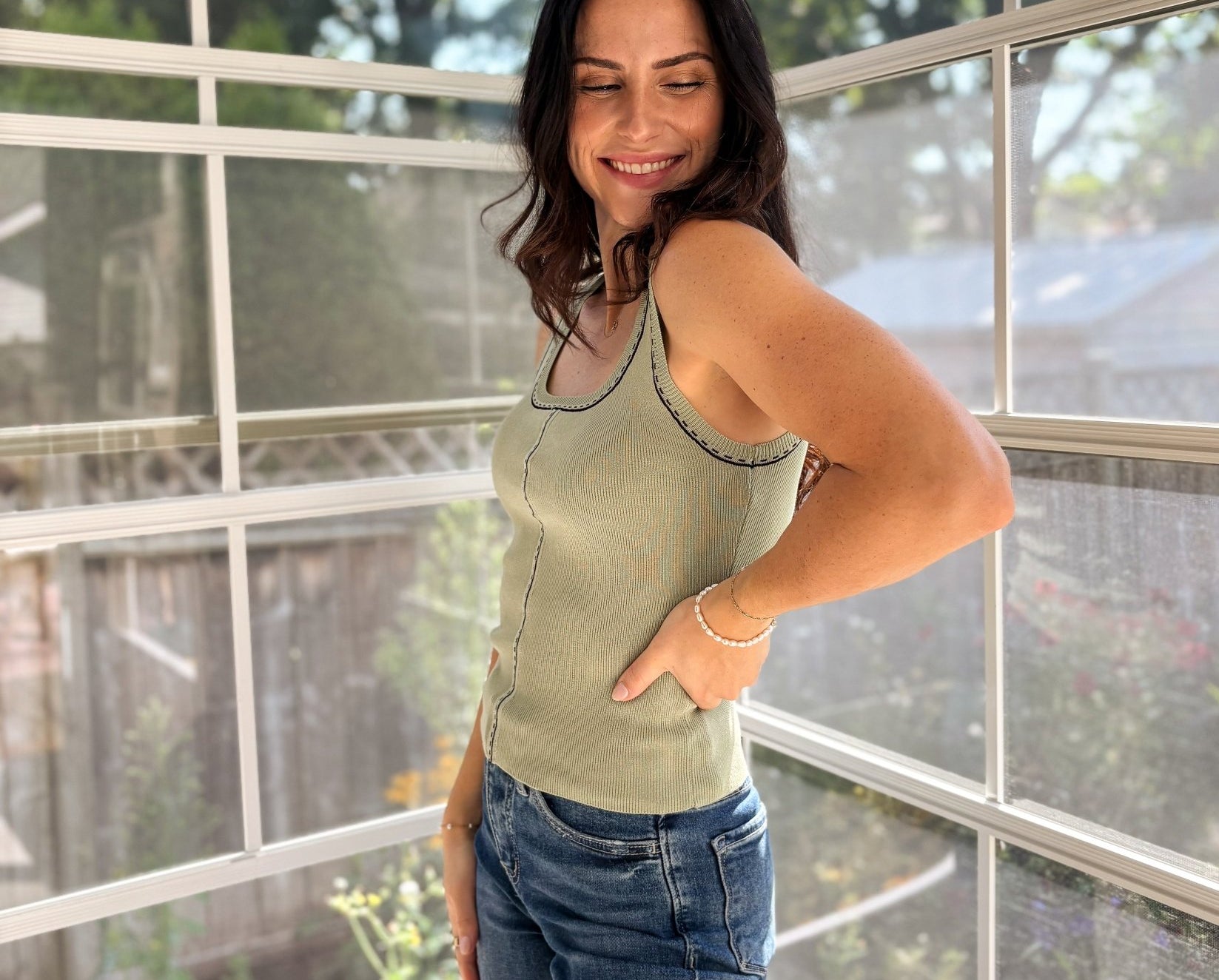 Tawny Contrast Line Stitch Detail Knit Tank - Love and Lee Apparel