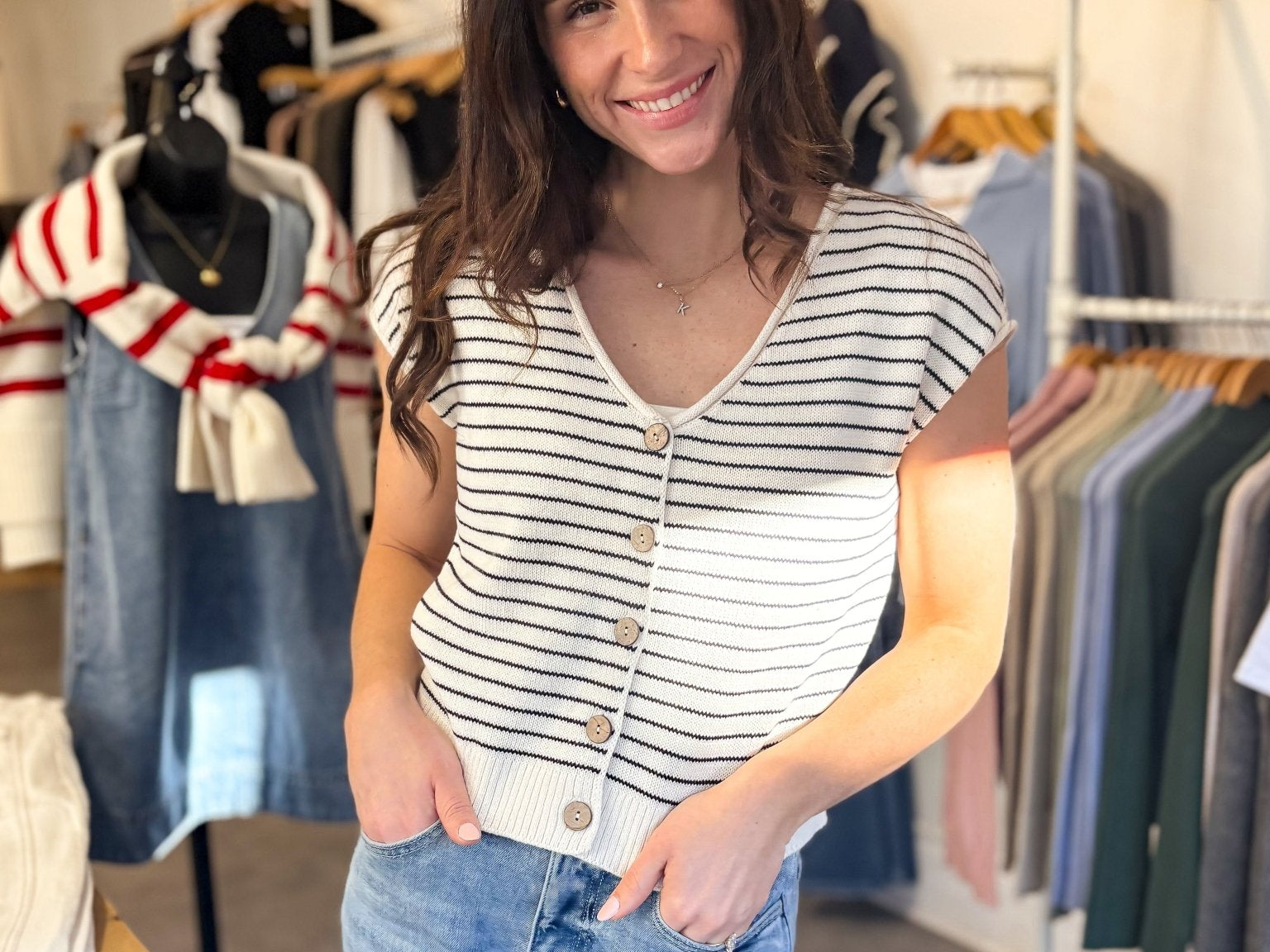 The Elizabeth Stripe Scoop Neck Raw Edge Short Sleeve Cardigan - Love and Lee Apparel