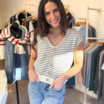 The Elizabeth Stripe Scoop Neck Raw Edge Short Sleeve Cardigan - Love and Lee Apparel