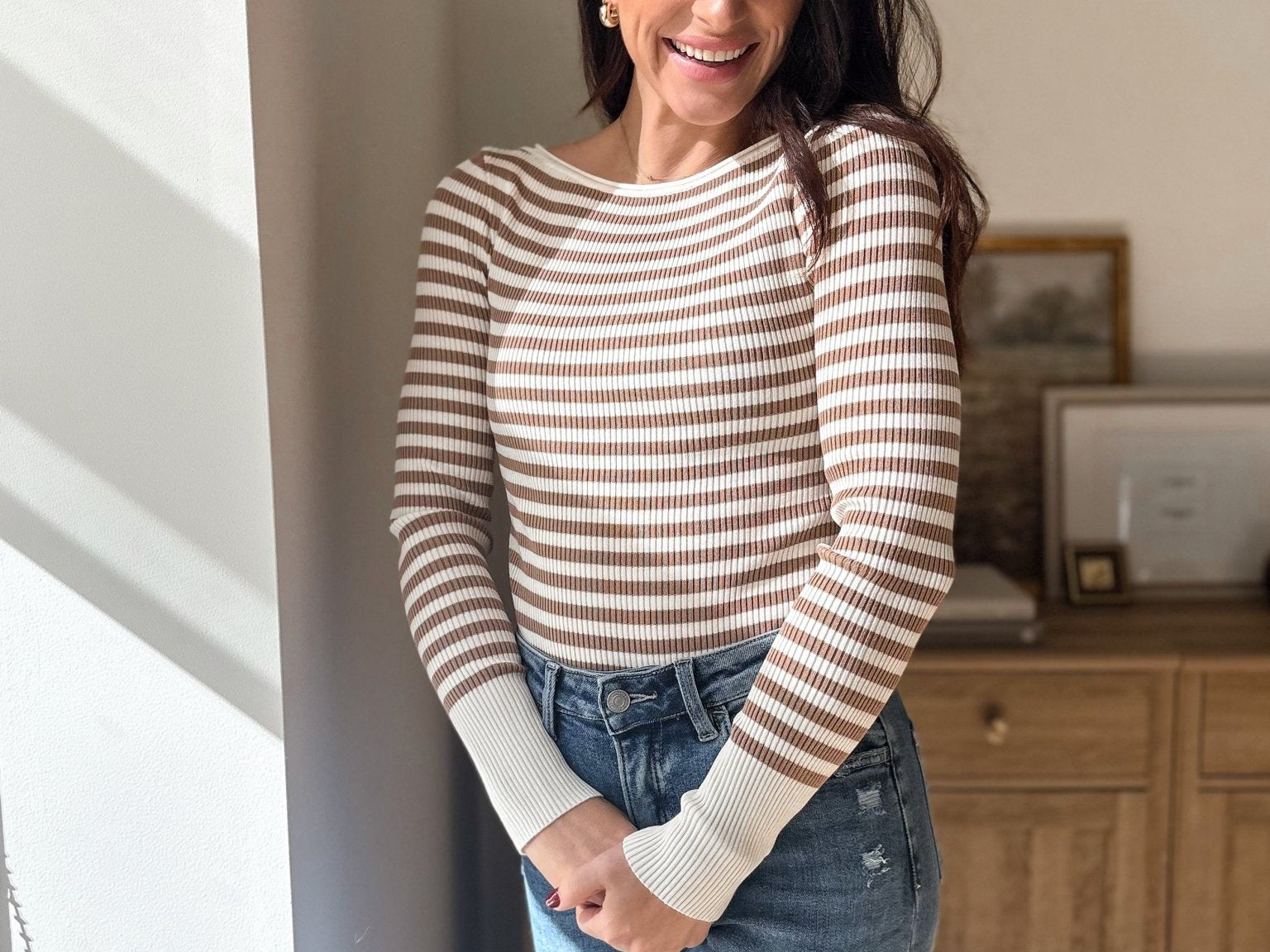 Atrium Boat Neck Stripe Ribbed Long Sleeve Sweater Top - Love and Lee Apparel