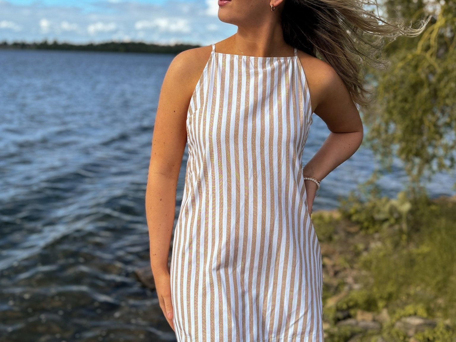 Muskoka Striped Straight Neck Knee-Length Dress in Beige - Love and Lee Apparel