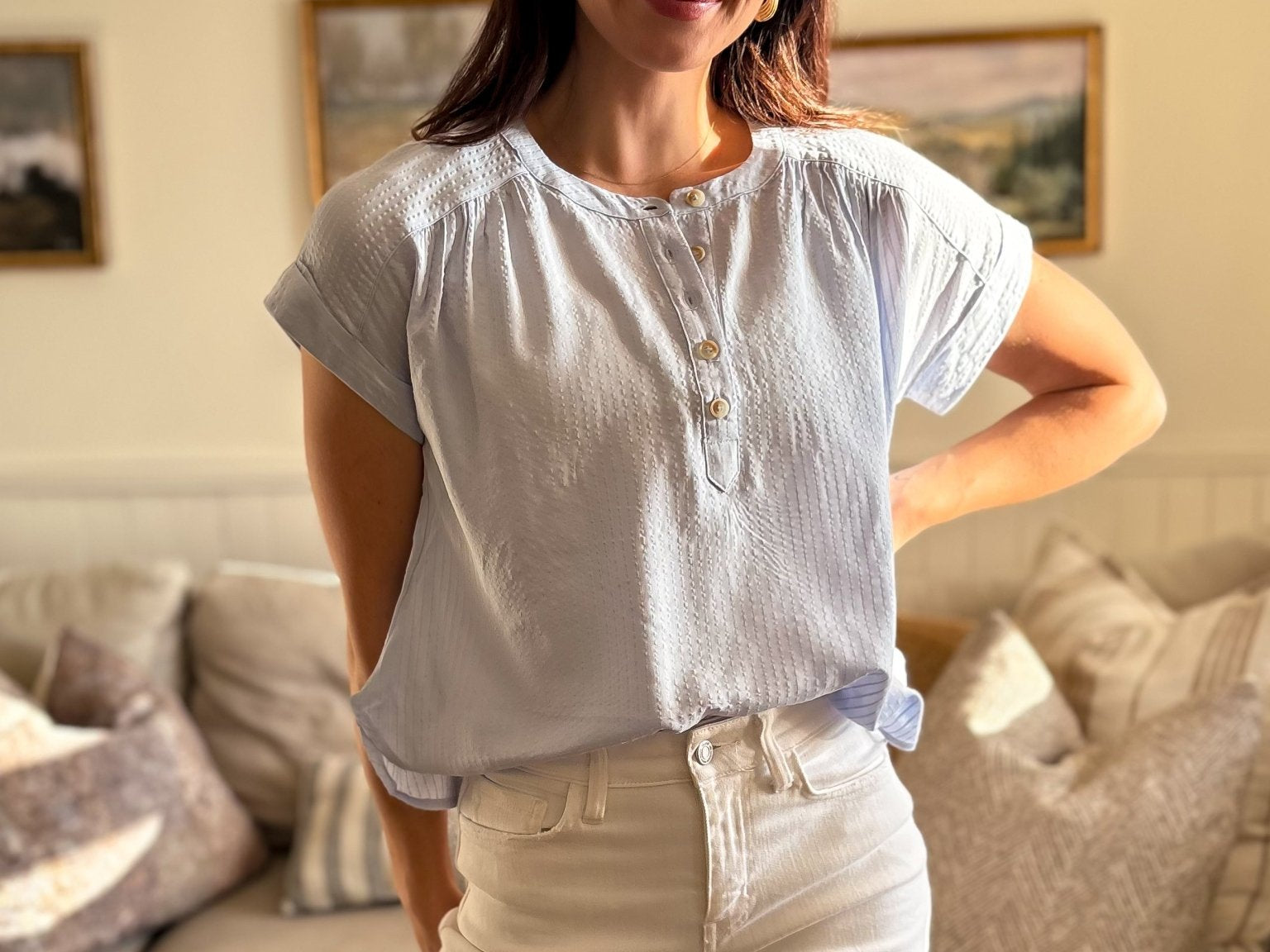 The Ruth Short Sleeve Henley Detail Blouse with Ruched Shoulder - Love and Lee Apparel