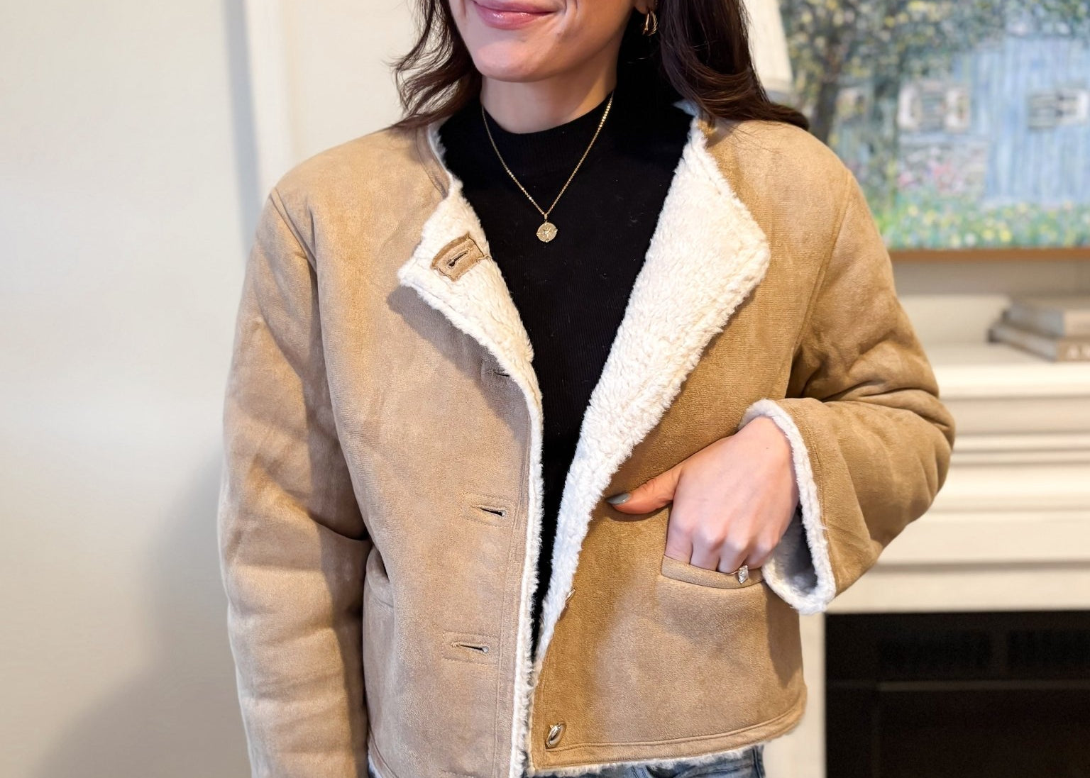 The Monique Long Sleeve Gold Button Closure Inner Fur Faux Suede Jacket - Love and Lee Apparel