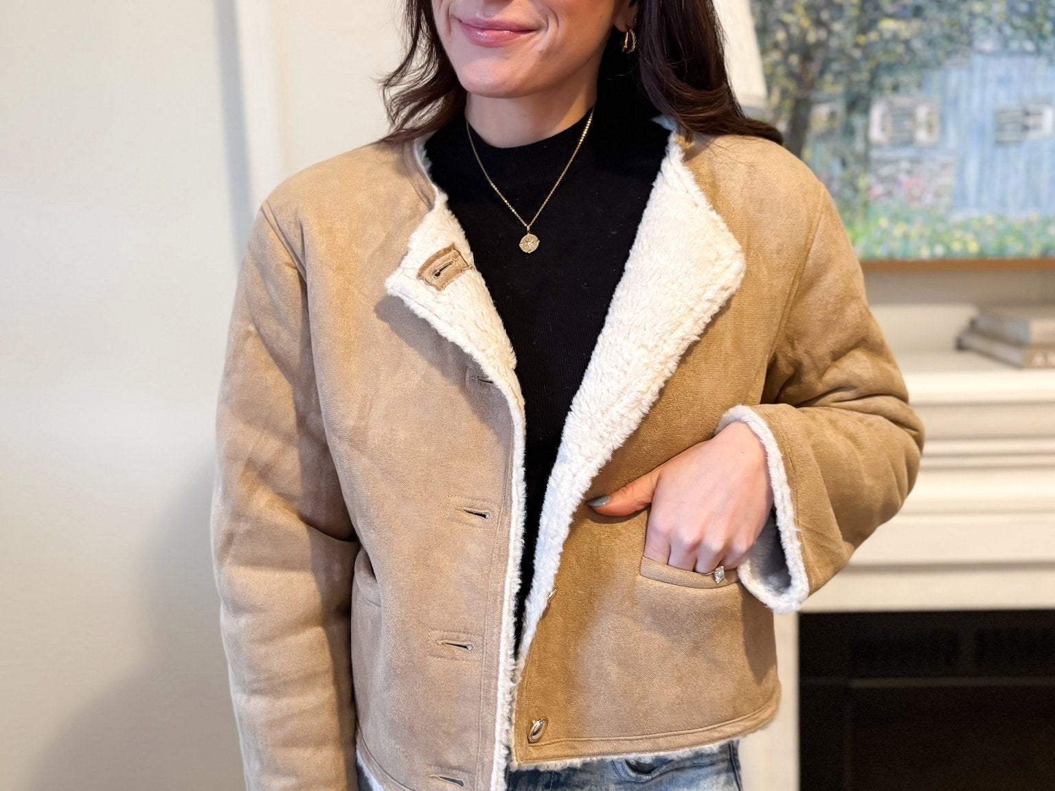 The Monique Long Sleeve Gold Button Closure Inner Fur Faux Suede Jacket - Love and Lee Apparel