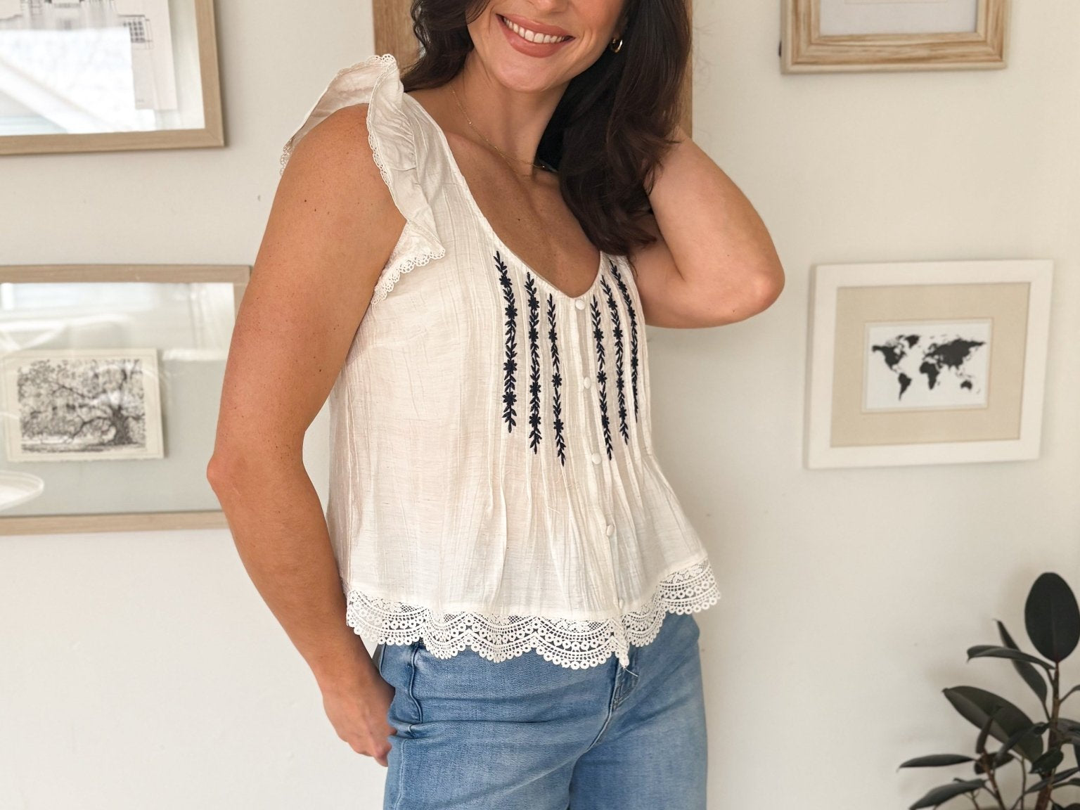 Evie Embroidery Lace Trim Pintuck Button Down Top - Love and Lee Apparel