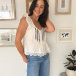 Evie Embroidery Lace Trim Pintuck Button Down Top - Love and Lee Apparel