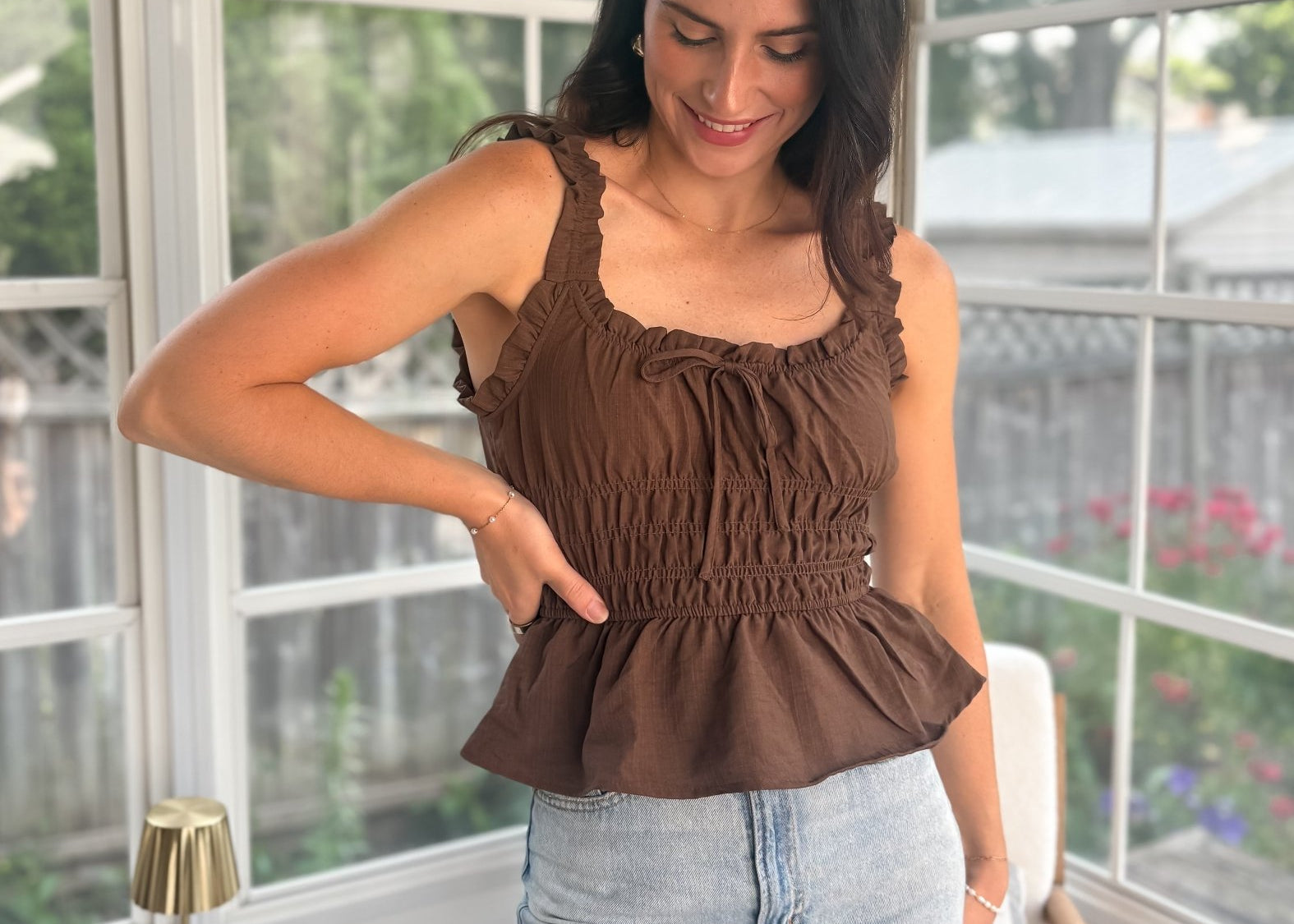 Honey Ruffled Front Tie Shirred Waist Tank Top - Love and Lee Apparel