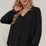 The Leslie Long Sleeve V - Neck Satin Blouse with Pleats - Love and Lee Apparel