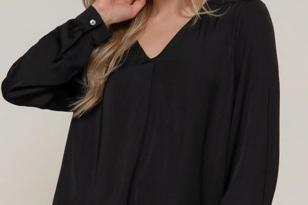 The Leslie Long Sleeve V - Neck Satin Blouse with Pleats - Love and Lee Apparel