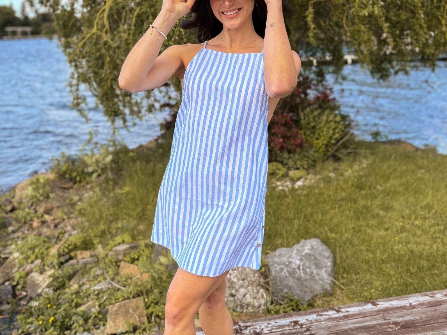 Muskoka Striped Straight Neck Knee-Length Dress in Blue - Love and Lee Apparel