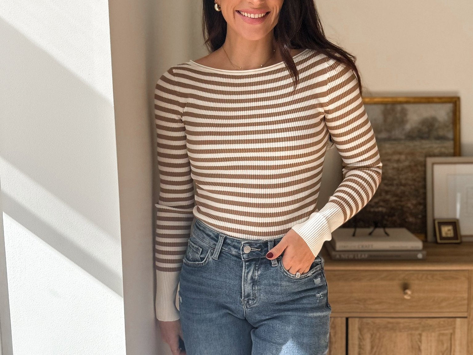 Atrium Boat Neck Stripe Ribbed Long Sleeve Sweater Top - Love and Lee Apparel