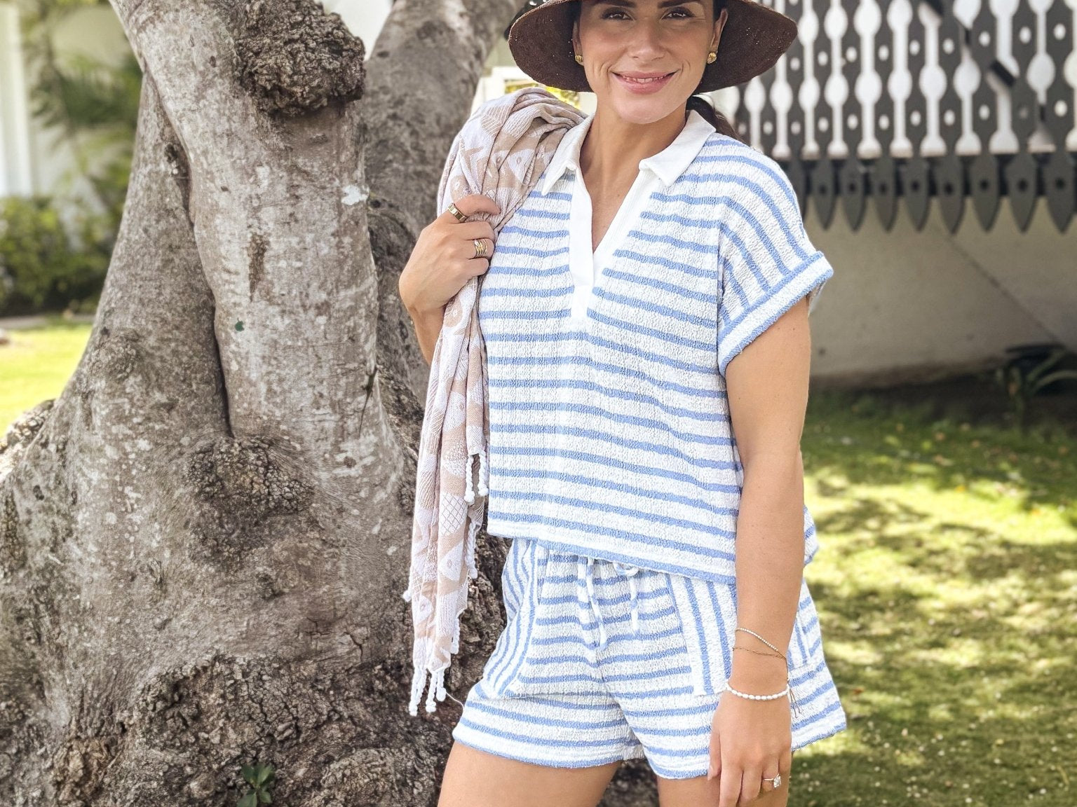 The Delphine Textured Stripe Collared Short Sleeve Knit Top - Love and Lee Apparel