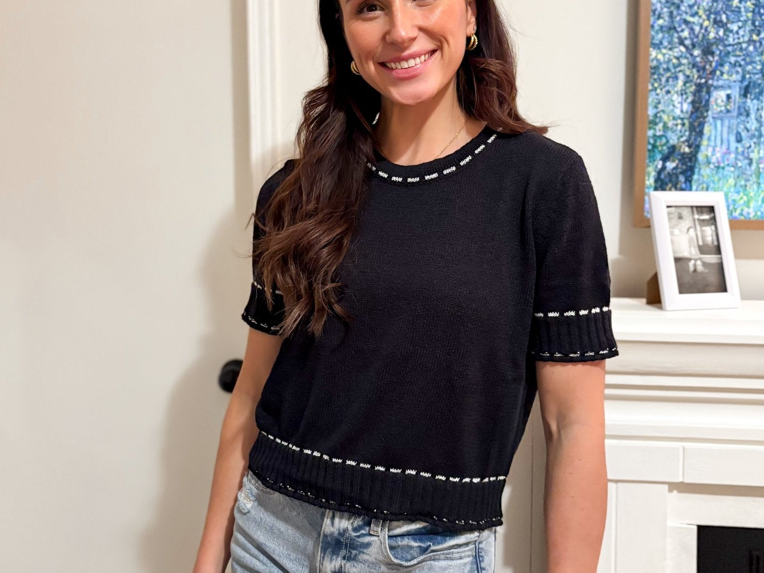 The Rhonda Short Sleeve Sweater with Contrast Stitch in Black - Love and Lee Apparel