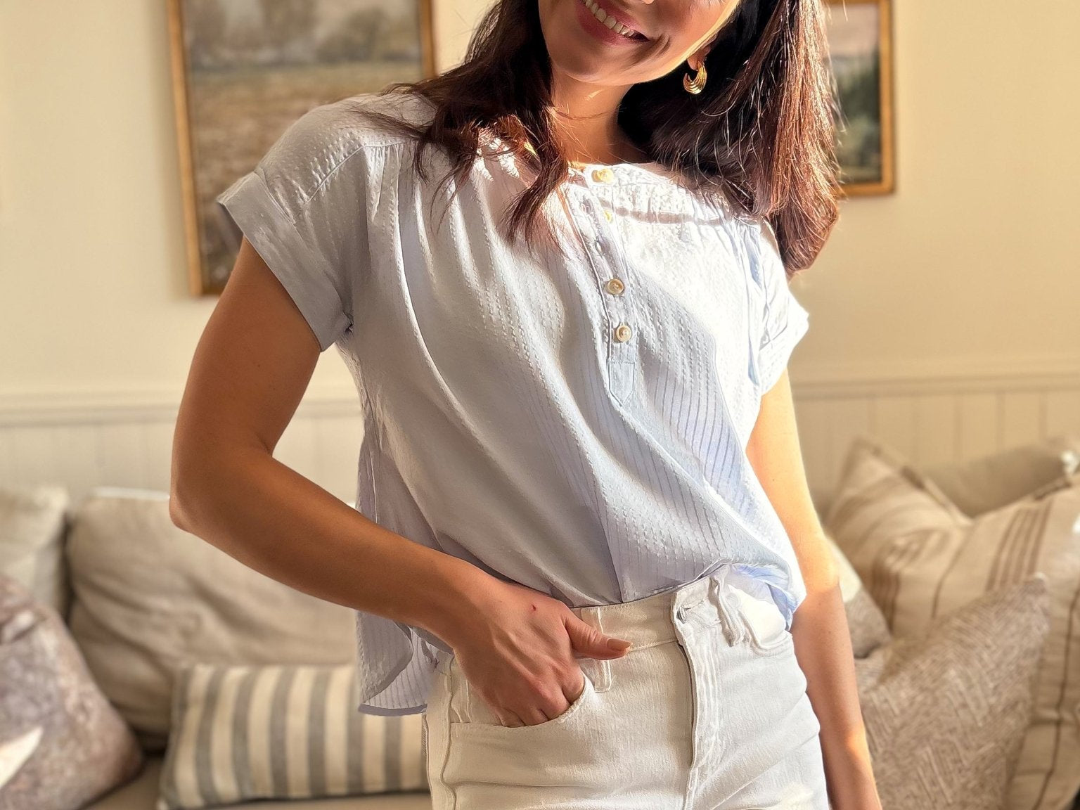 The Ruth Short Sleeve Henley Detail Blouse with Ruched Shoulder - Love and Lee Apparel