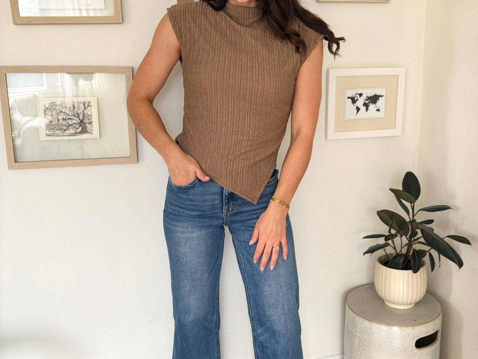 The Nikita Asymmetrical Hem Mock Neck Sleeveless Top in Mocha - Love and Lee Apparel