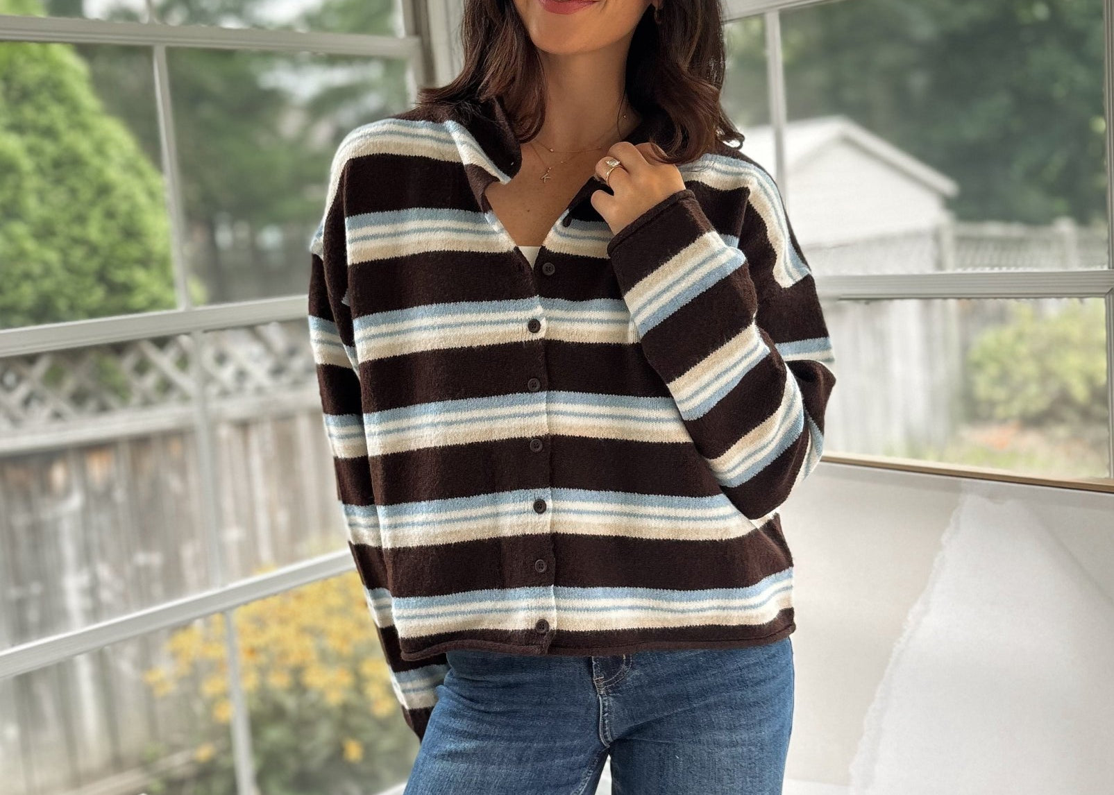 'Yale Bookclub' Multi-Color Stripe Rolled Neck Knit Cardigan - Love and Lee Apparel