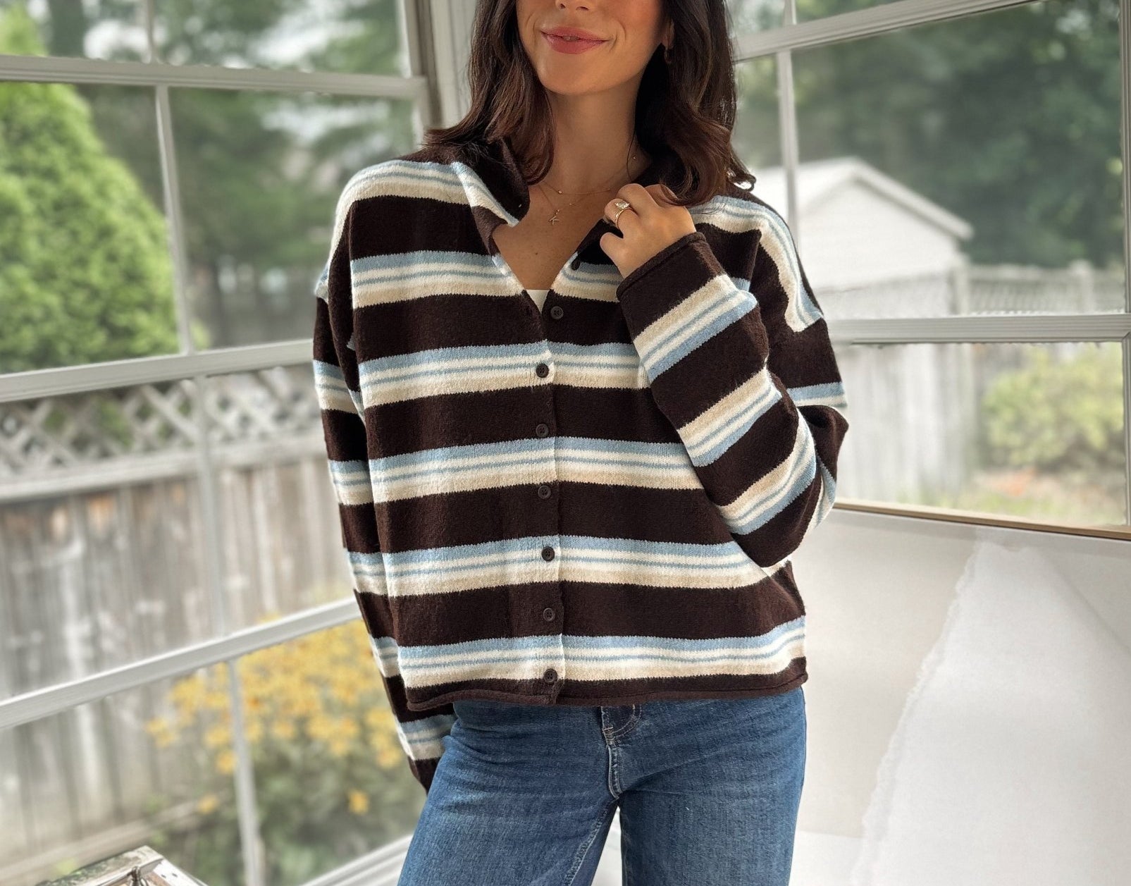 'Yale Bookclub' Multi-Color Stripe Rolled Neck Knit Cardigan - Love and Lee Apparel