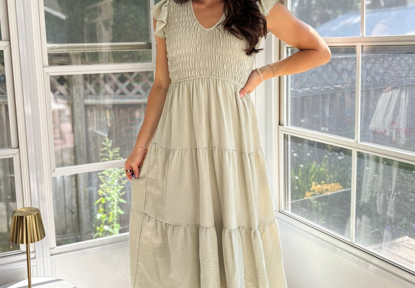 The Maureen Flutter Sleeve V Neck Smocked Midi Dress - Love and Lee Apparel